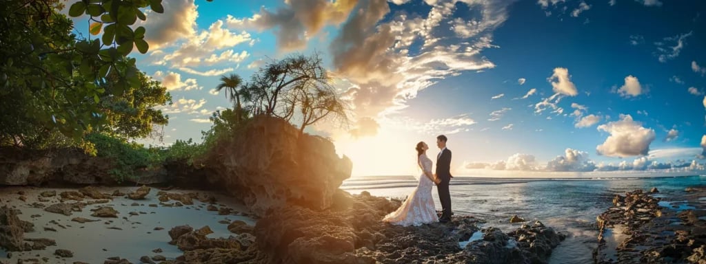 a couple standing in a picturesque setting, posing for a wedding photo with the perfect lighting and background.