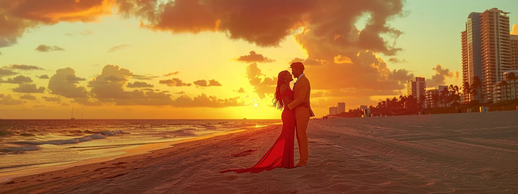 a couple standing on a picturesque miami beach at sunset, dressed in elegant and vibrant outfits, embracing each other.
