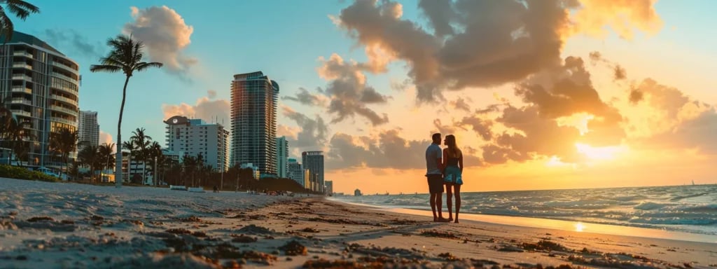 Guide to Perfect Engagement Session Outfits in Miami 11 a couple standing on a miami beach, effortlessly elegant in comfortable, stylish outfits while the sun sets behind them.