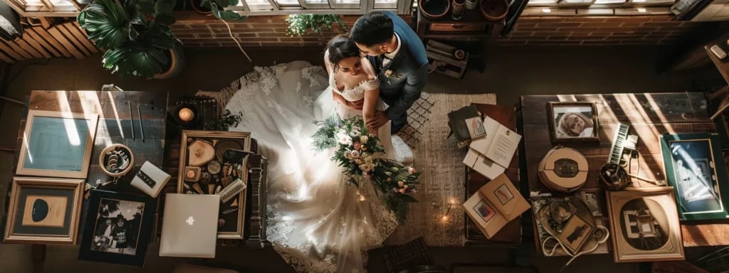 a couple surrounded by various wedding photo and video packages, each offering different services and coverage lengths to choose from.