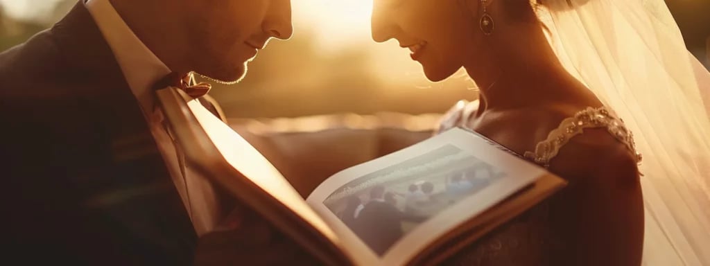 a couple tenderly flipping through a beautifully designed wedding album filled with stunning miami wedding photos.