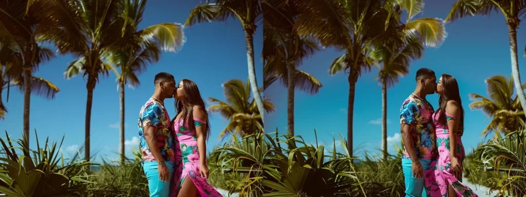 Guide to Perfect Engagement Session Outfits in Miami 7 a couple wearing light, breezy outfits in vibrant colors, layering up for a miami engagement session with tropical landscapes in the background.
