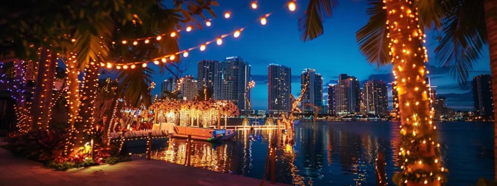 Your Guide to Miami's Most Unique Wedding Venues 9 a glamorous waterfront wedding venue in miami, adorned with twinkling lights and vibrant floral decorations, showcasing the perfect setting for a unique and unforgettable celebration.
