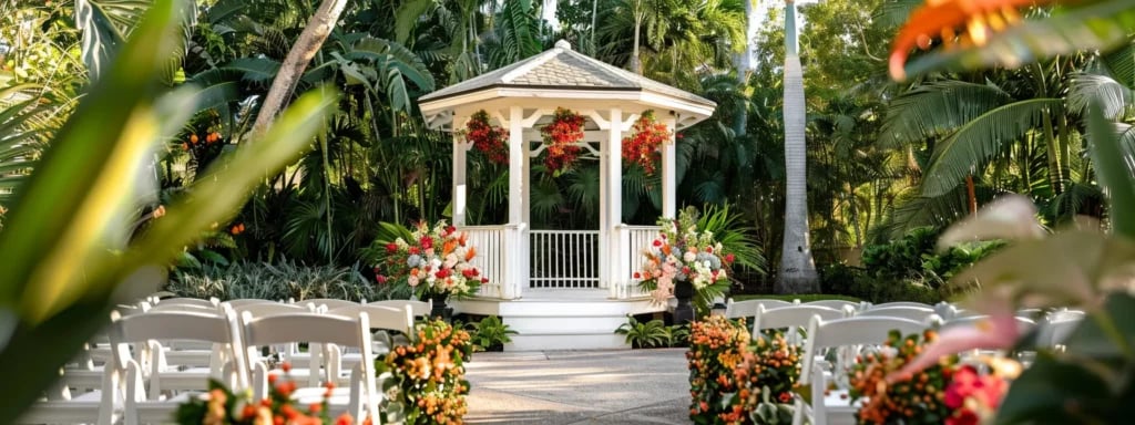 a luxurious outdoor wedding ceremony in miami, with a stunning white gazebo surrounded by vibrant tropical flowers and lush greenery, captured by a professional photographer and videographer from candid studios.