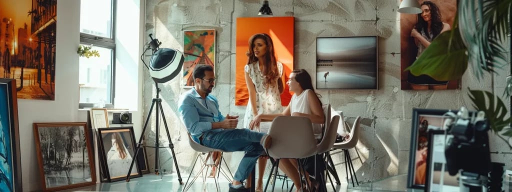 a miami photographer, surrounded by vibrant images of storytelling moments, discussing creative editorial styles with a couple in a bright and modern studio setting.