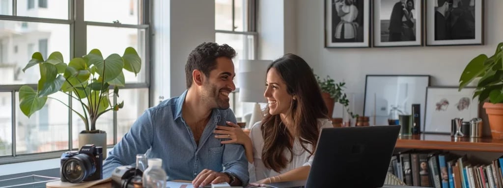 Discover Exclusive Miami Wedding Photographer Package Deals Now 3 a newly engaged couple happily discussing wedding photography packages with a miami photographer in a bright, spacious studio.