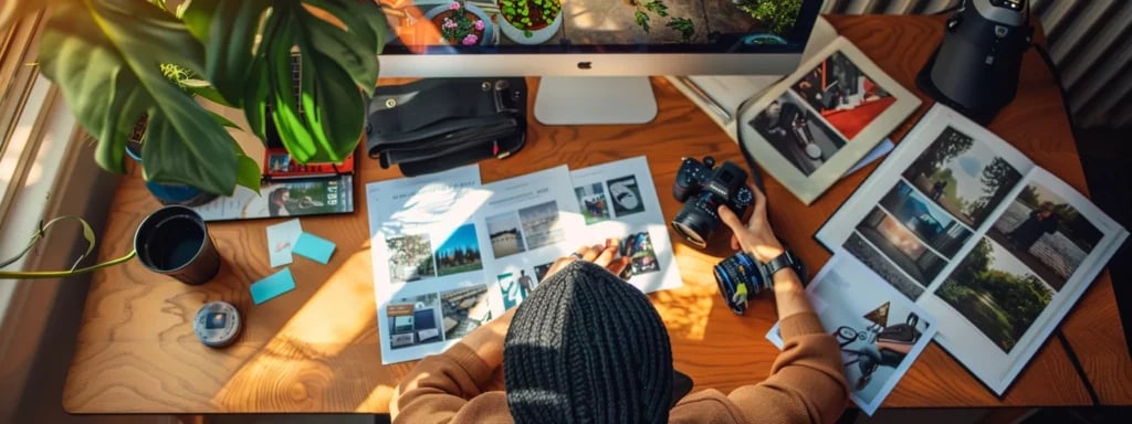 Understanding Hourly Wedding Photography Rates in Miami 9 a person comparing various photography portfolios while looking at pricing sheets in a cozy, well-lit studio.