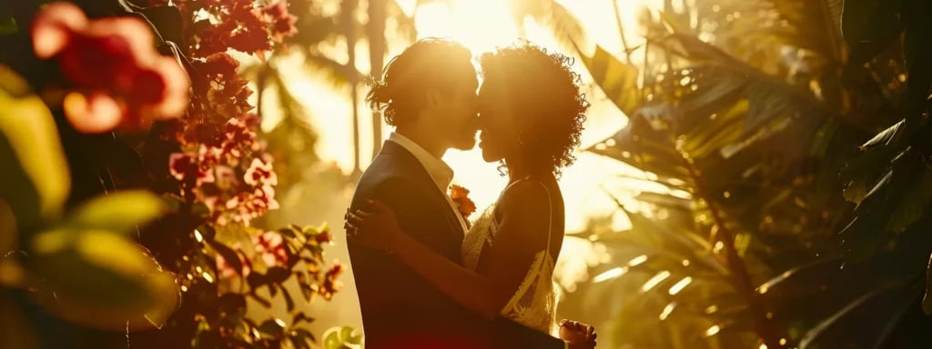 Discover Exclusive Miami Wedding Photographer Package Deals Now 7 a radiant bride and groom embracing on a sunlit miami beach, surrounded by vibrant tropical flora, capturing their love story in a candid moment.