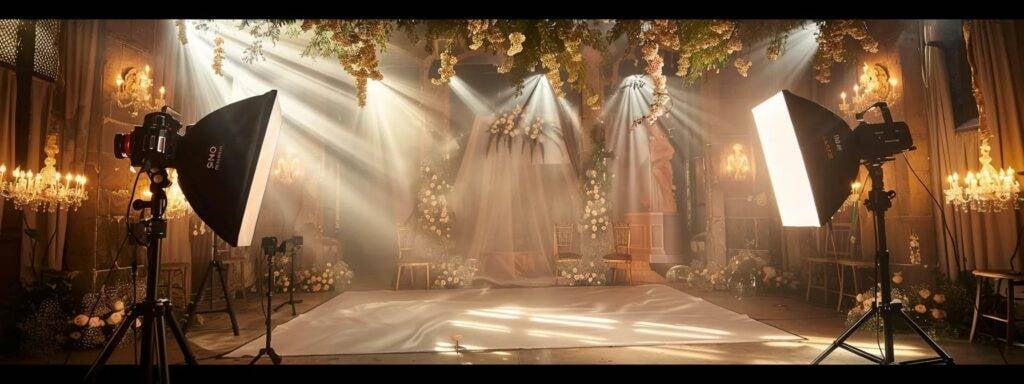 Capturing Love: Exceptional Northern Colorado Wedding Photographers 7 a stunning wedding photo setup with elegant decor, professional lighting, and state-of-the-art cameras capturing every moment.