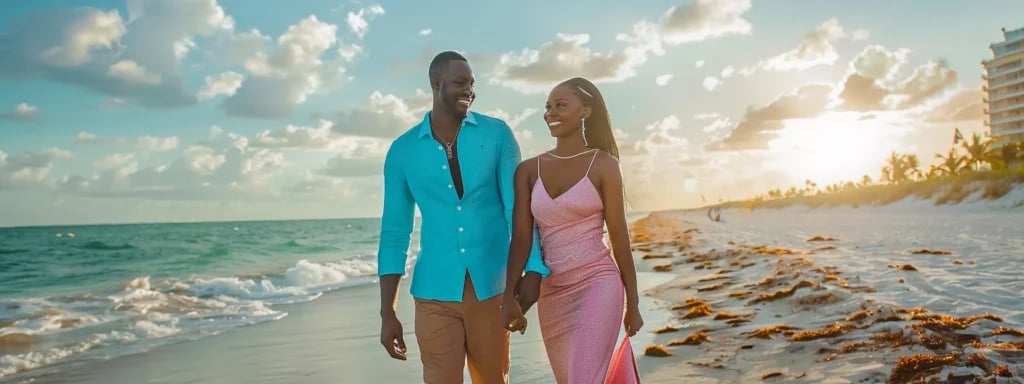 Guide to Perfect Engagement Session Outfits in Miami 9 a stylish couple in matching outfits strolling along a vibrant miami beach, seamlessly coordinating colors and accessories for their engagement session.
