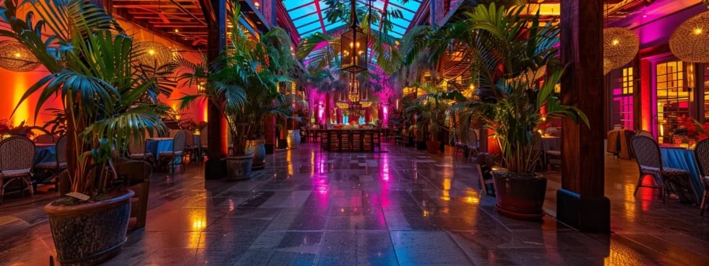 Your Guide to Miami's Most Unique Wedding Venues 7 a vibrant, tropical-themed wedding venue in miami adorned with personalized decor, ambient lighting, and elegant floral arrangements.