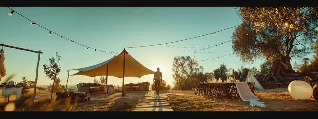 a wedding planner standing under a clear sky beside a beautifully decorated outdoor wedding setup, with a tent nearby and spare equipment neatly organized in case of unexpected changes.