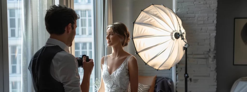 bride and photographer discussing elegant and sophisticated wedding photo concepts in a chic, natural light-filled studio.