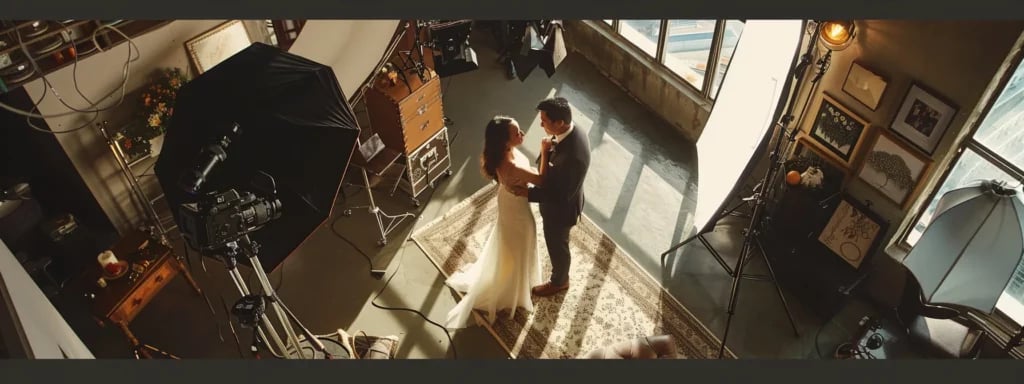 Understanding Hourly Wedding Photography Rates in Miami 7 capture a bride and groom discussing options with a photographer, surrounded by different wedding photo packages and examples, showcasing a variety of styles and prices.