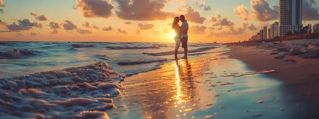 Expertly Customized Photography Packages in Miami 5 capture a couple standing on the beautiful miami beach at sunset, embracing each other, with a professional photographer adjusting their camera settings to capture the perfect shot.