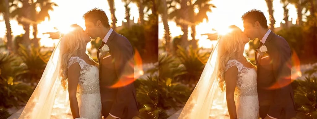 capturing a bride and groom sharing a sweet kiss during the golden hour on their wedding day, with the sun setting behind them, casting a warm, romantic glow.