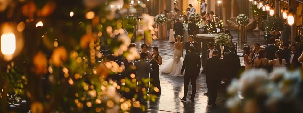 capturing a bustling city street with multiple elegant wedding venues in close proximity, showcasing efficient transportation routes and synchronized schedules for a smooth wedding day experience.