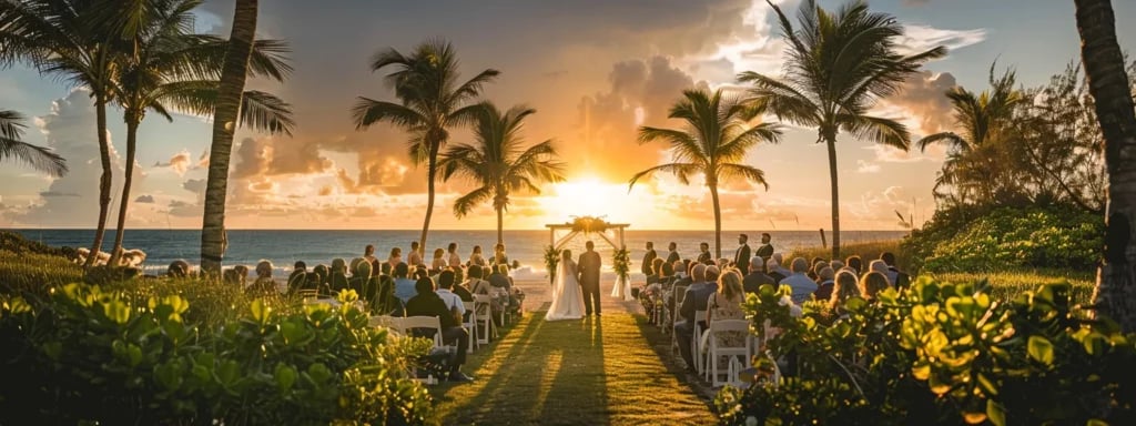 capturing a romantic sunset ceremony on a picturesque miami beachfront, with golden light illuminating the couple against the backdrop of palm trees and the ocean.