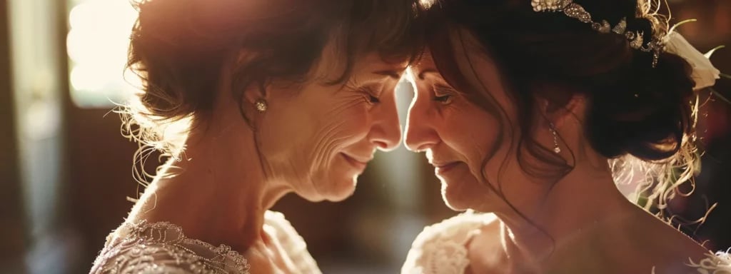 capturing a tender moment between the bride and her mother, the photographer discreetly frames the emotional exchange during the wedding ceremony.