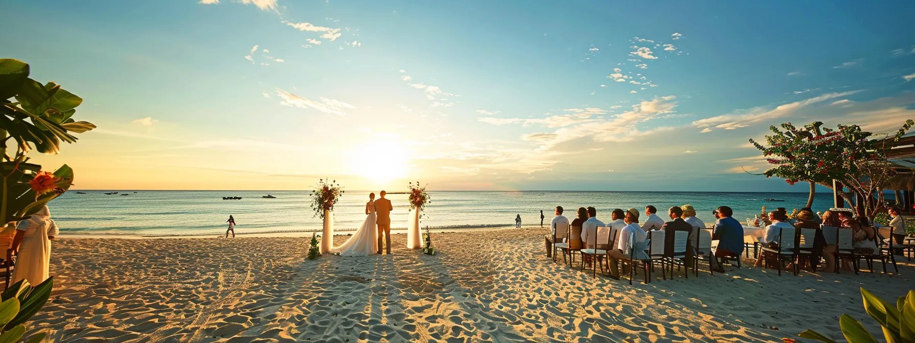vibrant beach wedding setting with a professional photographer capturing the couple's joyful moment.