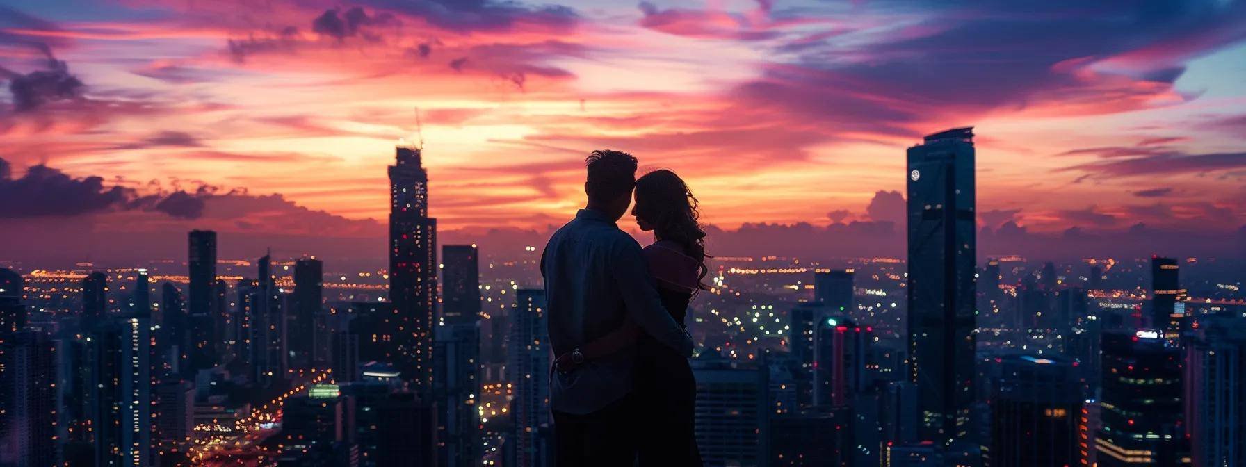 a romantic couple embraces against a breathtaking sunset backdrop, with a vibrant cityscape adorned by shimmering lights and towering skyscrapers reflecting the warm hues of twilight.