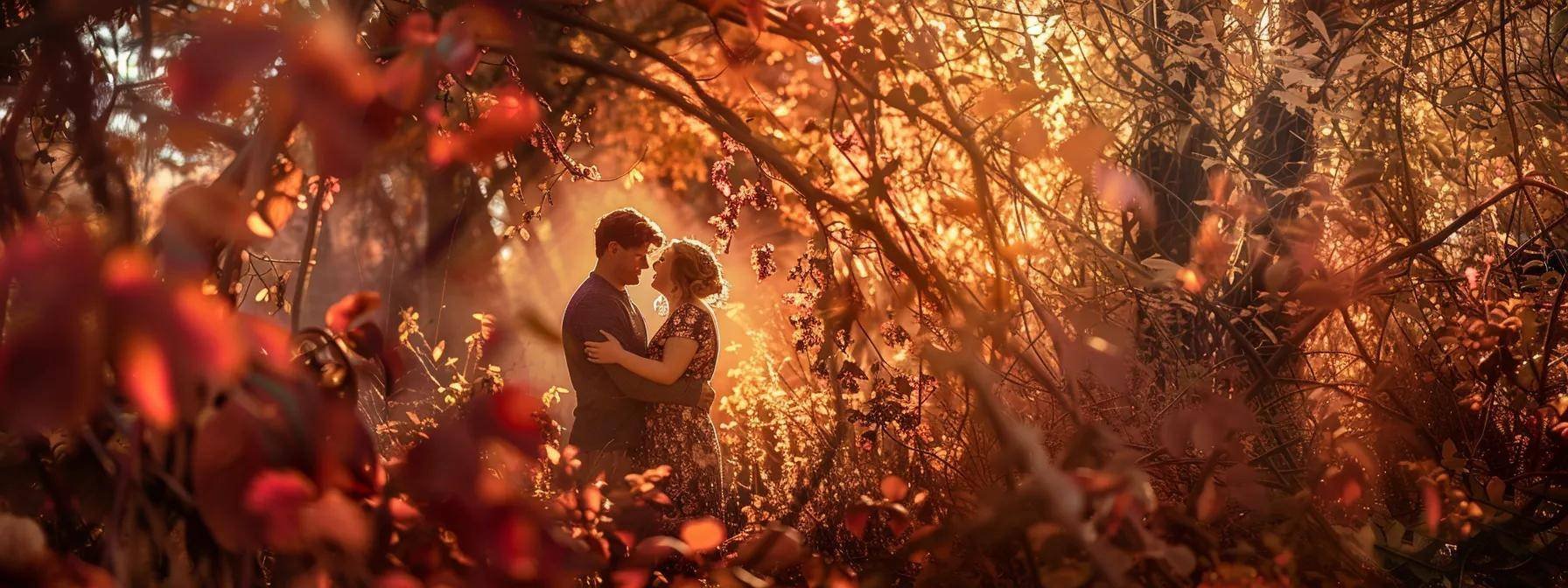 a whimsical engagement photo captures a couple joyfully in a vibrant autumn forest, surrounded by cascading leaves in brilliant shades of red and gold, illuminated by warm, golden sunlight filtering through the trees.