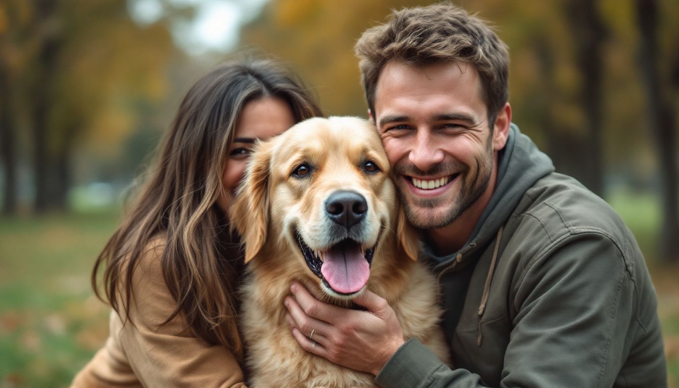 A couple in their late 20s are smiling and hugging their Golden Retriever in a park.