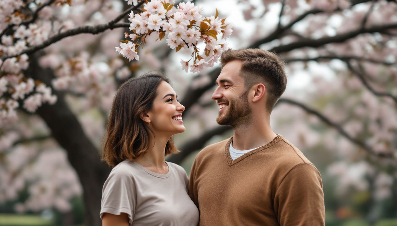 A couple in their late twenties sharing a loving moment under a blooming oak tree in a park for Orlando Engagement Photos.