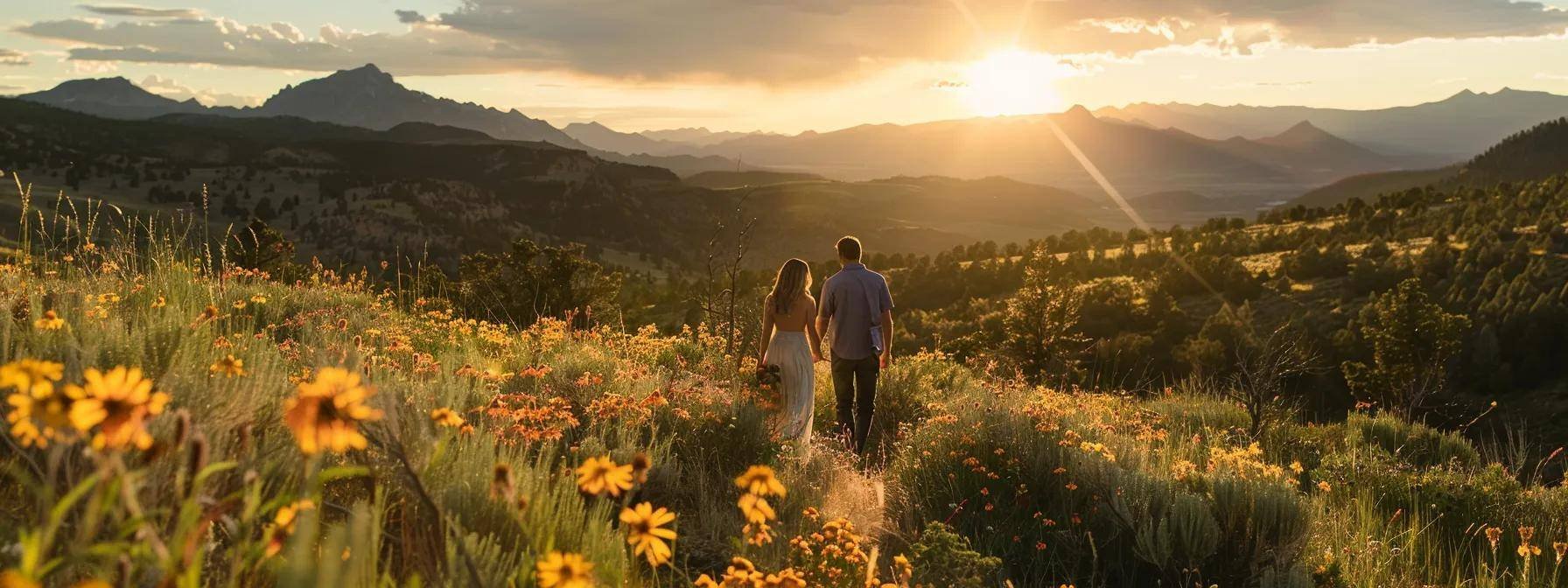 "set against the breathtaking backdrop of the colorado mountains at sunset, a couple shares an intimate moment surrounded by vivid wildflowers and golden light."