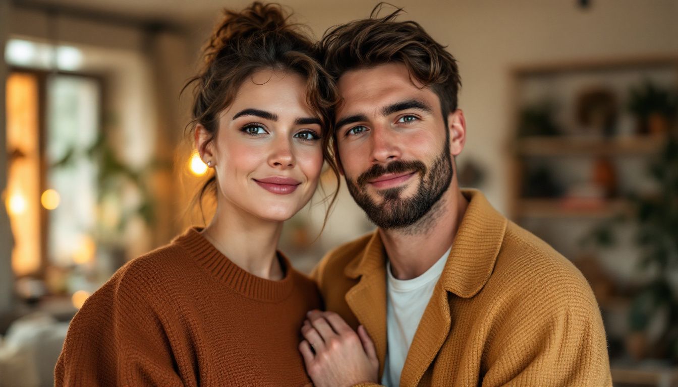 A young couple in casual, stylish outfits pose for an indoor engagement photoshoot in a cozy setting.