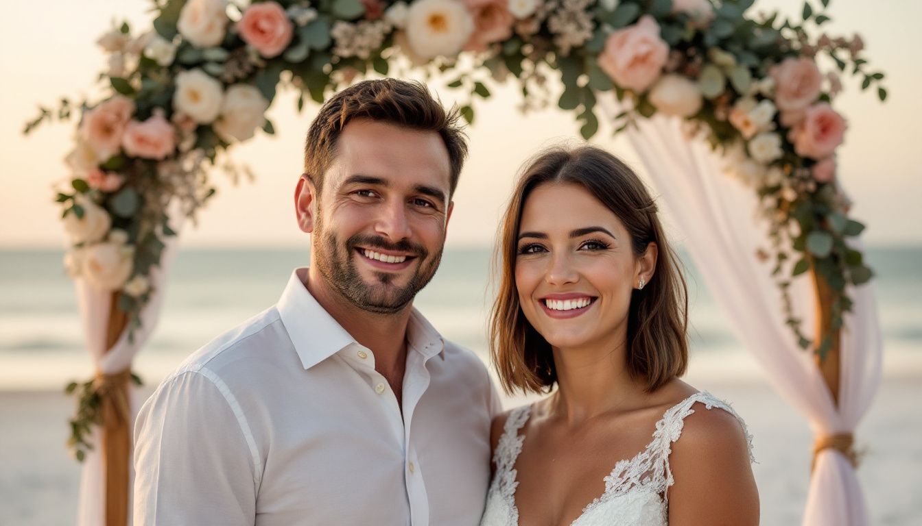 A mid-30s couple happily under a floral arch at a beach wedding.