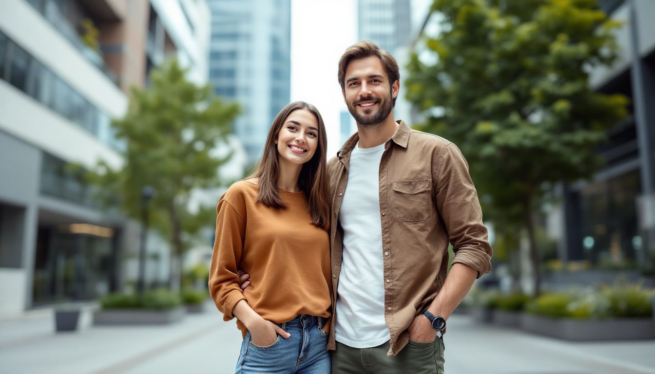 A stylish young couple in casual clothing pose in an urban setting.