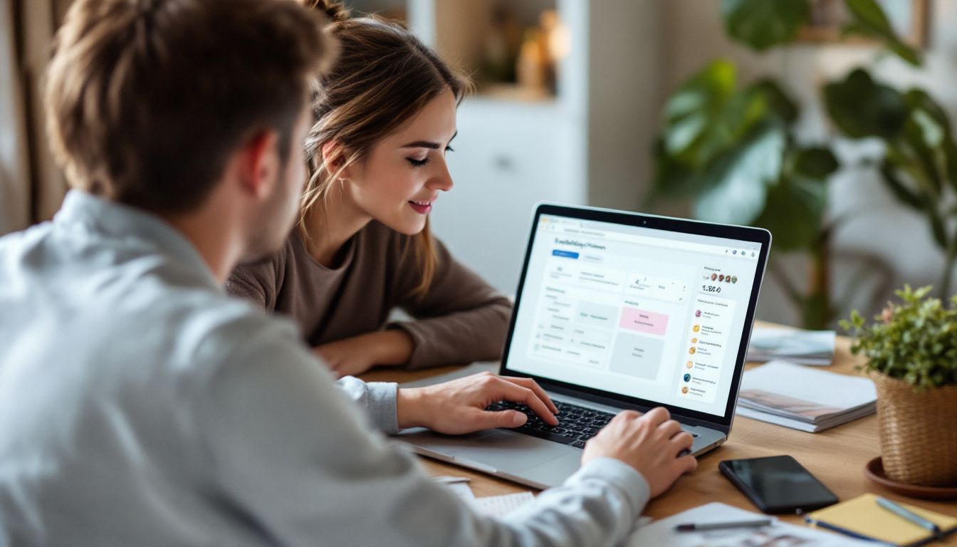 A young couple sits at a desk planning their wedding using a laptop and surrounded by wedding magazines and notes.
