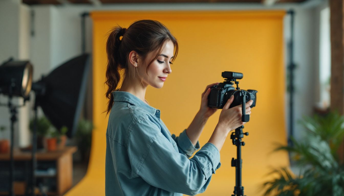 A mid-30s female photographer setting up a studio for photo shoots.