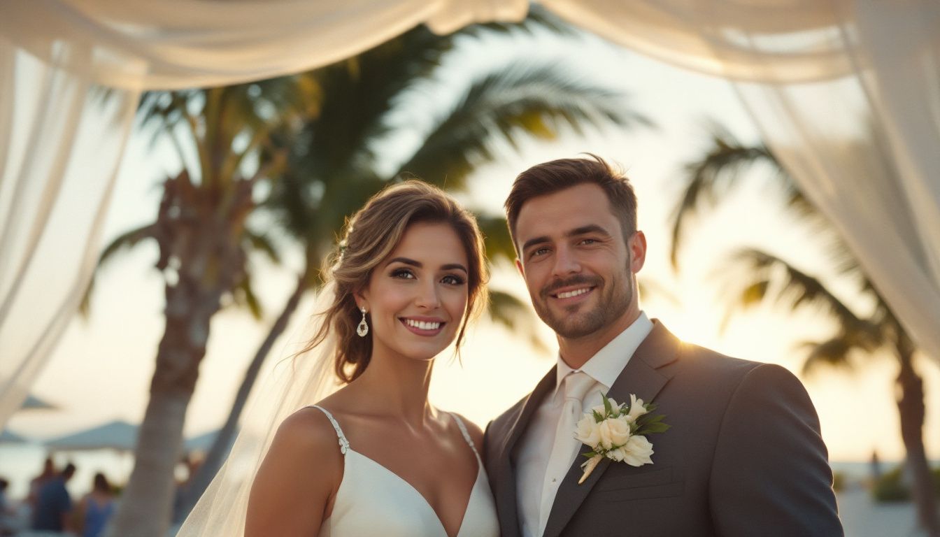 A casually dressed couple stands under a beach canopy at a sunset wedding in Florida.