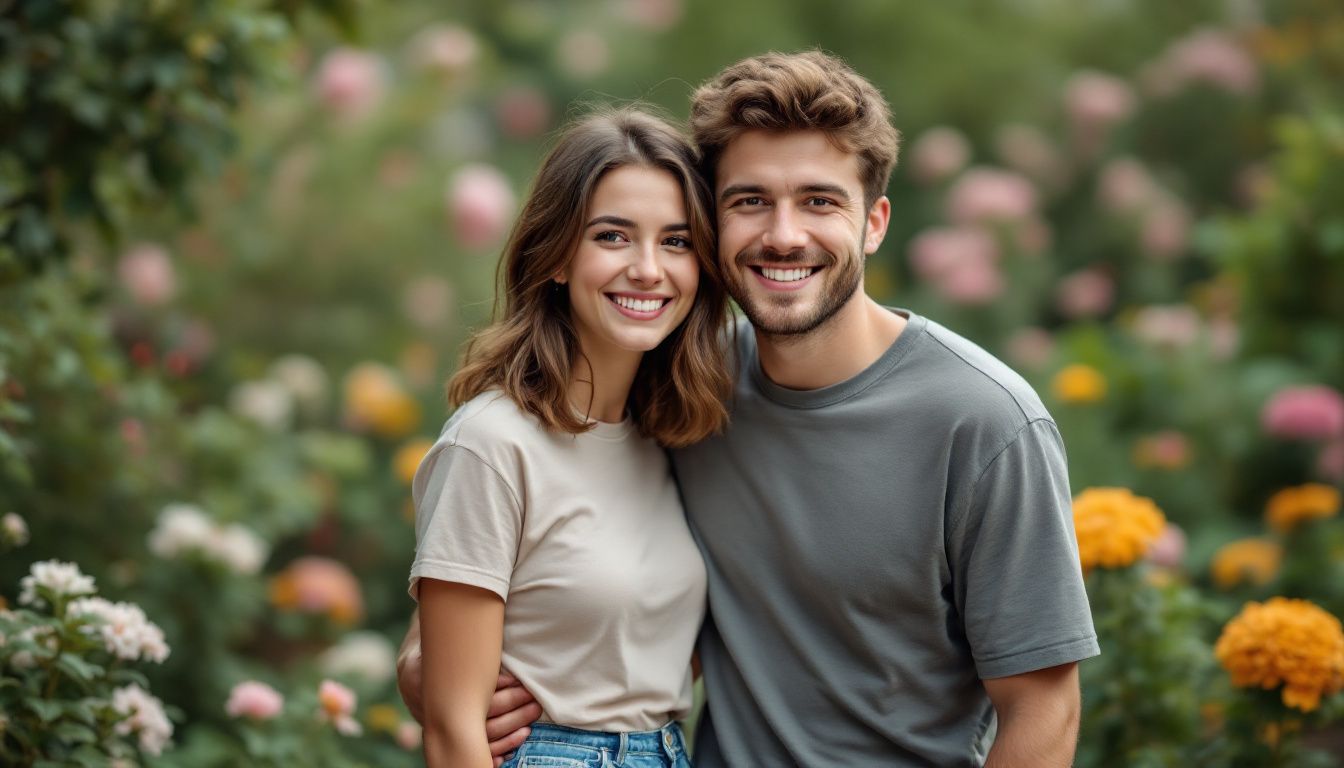A young couple wearing casual clothes embraces each other in a garden filled with blooming flowers for couple engagement pics.