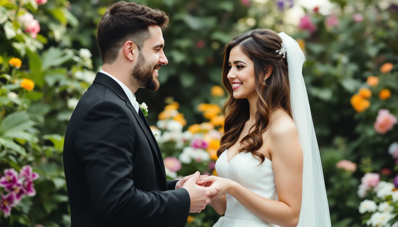 A bride and groom exchanging vows in one of the luxury wedding places, a simple outdoor garden ceremony.