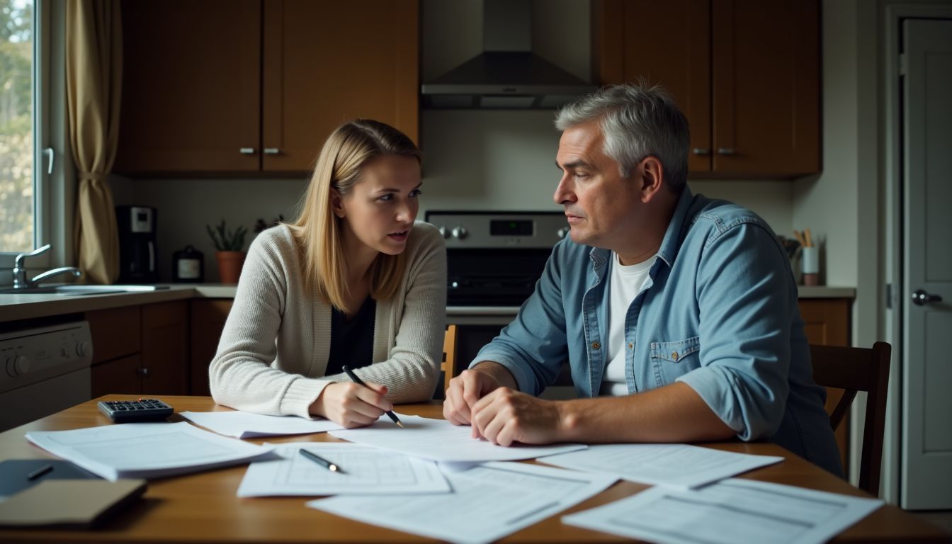 A couple in their mid-30s sits at a kitchen table, reviewing expenses and wedding venue for 150 people with scattered papers and calculators.