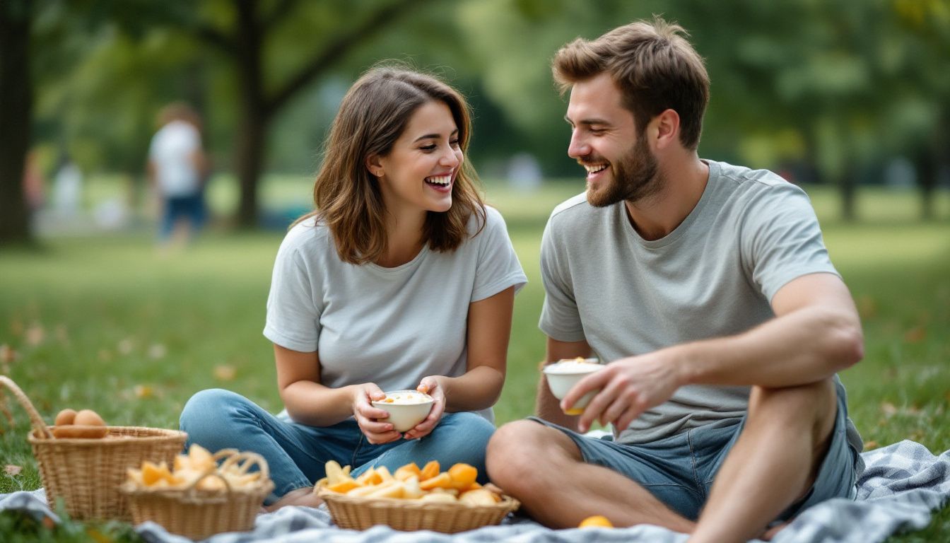 A couple in their 30s enjoying a spontaneous picnic in a local park for candid in photography.