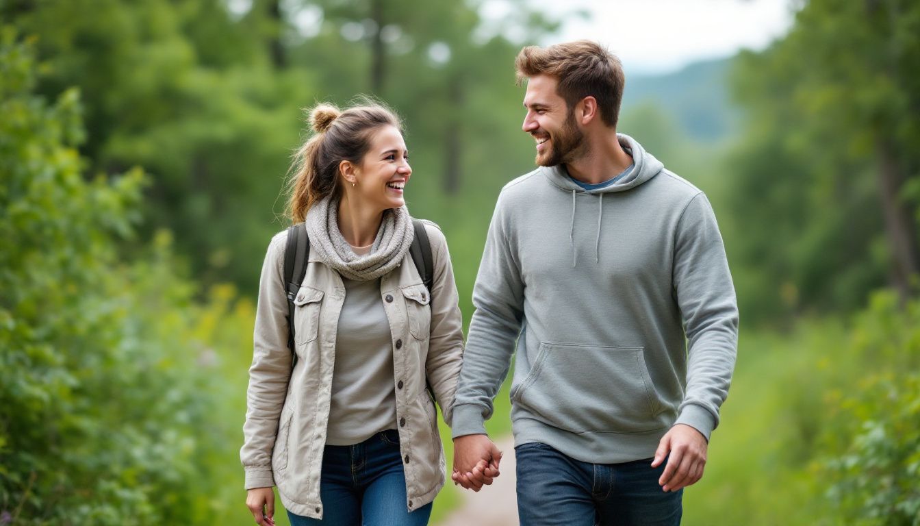 A couple in their mid-30s walking hand in hand in the Bluff Lake Nature Center in Denver.