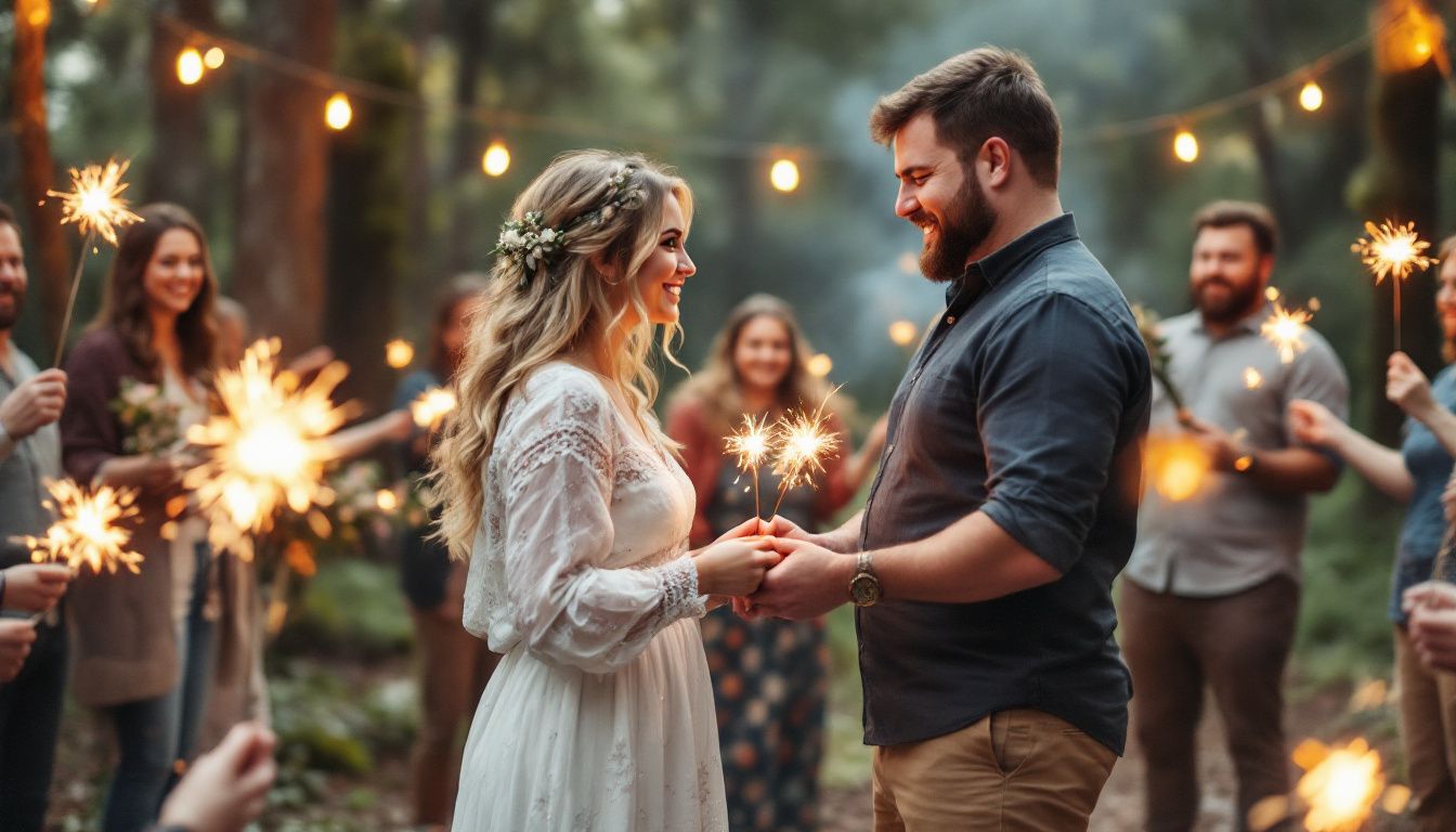 For non traditional wedding ideas, couple exchanging vows in a cozy forest ceremony with family and friends.