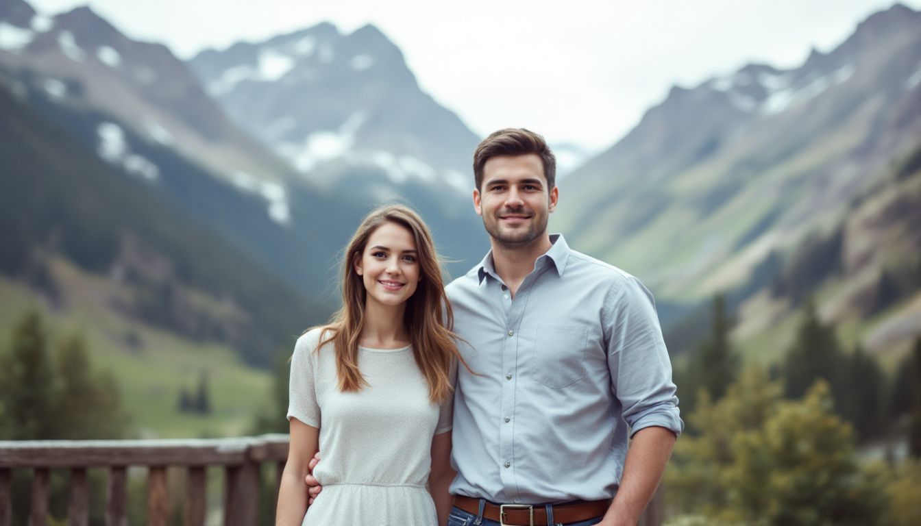 A couple in their late 20s standing outside in a wedding Vail Colorado with the Rocky Mountains in the background.