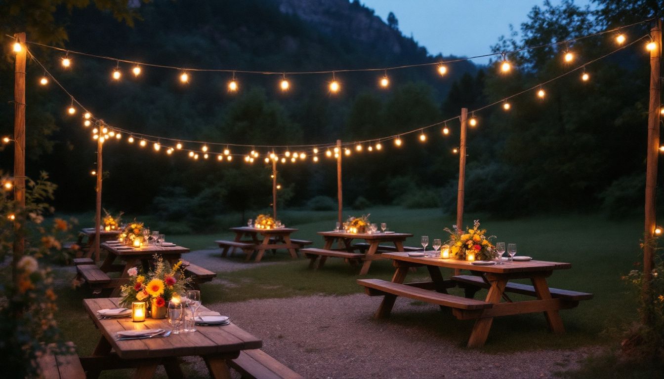 A peaceful campsite wedding venue with rustic decor and natural surroundings.