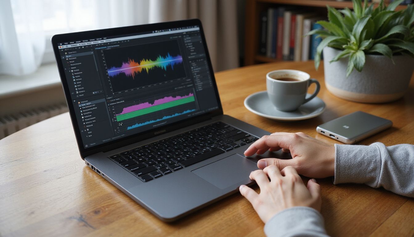 A sleek laptop and coffee cup rest on an oak desk in a cozy, inviting home office with a succulent nearby.
