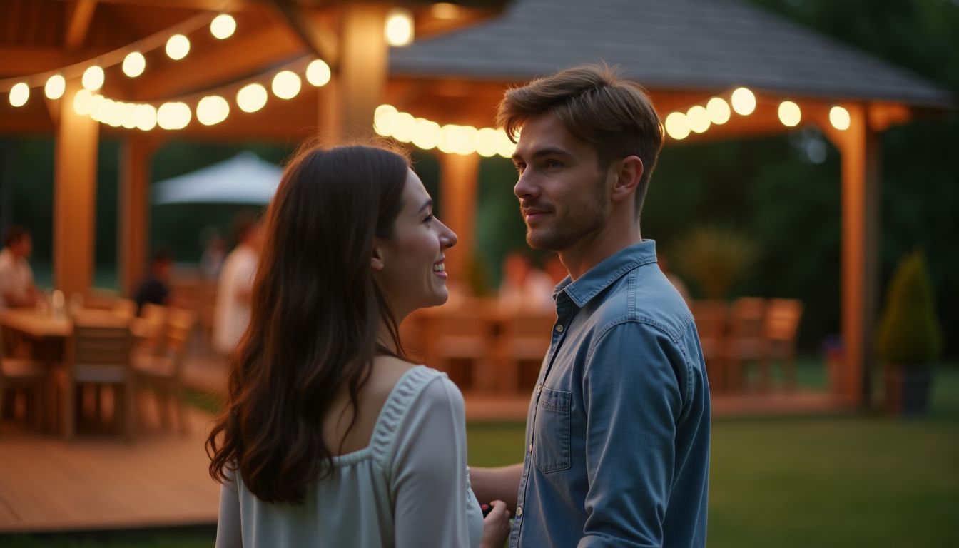 A young couple explores an outdoor wedding venue, discussing budget-friendly decor options.