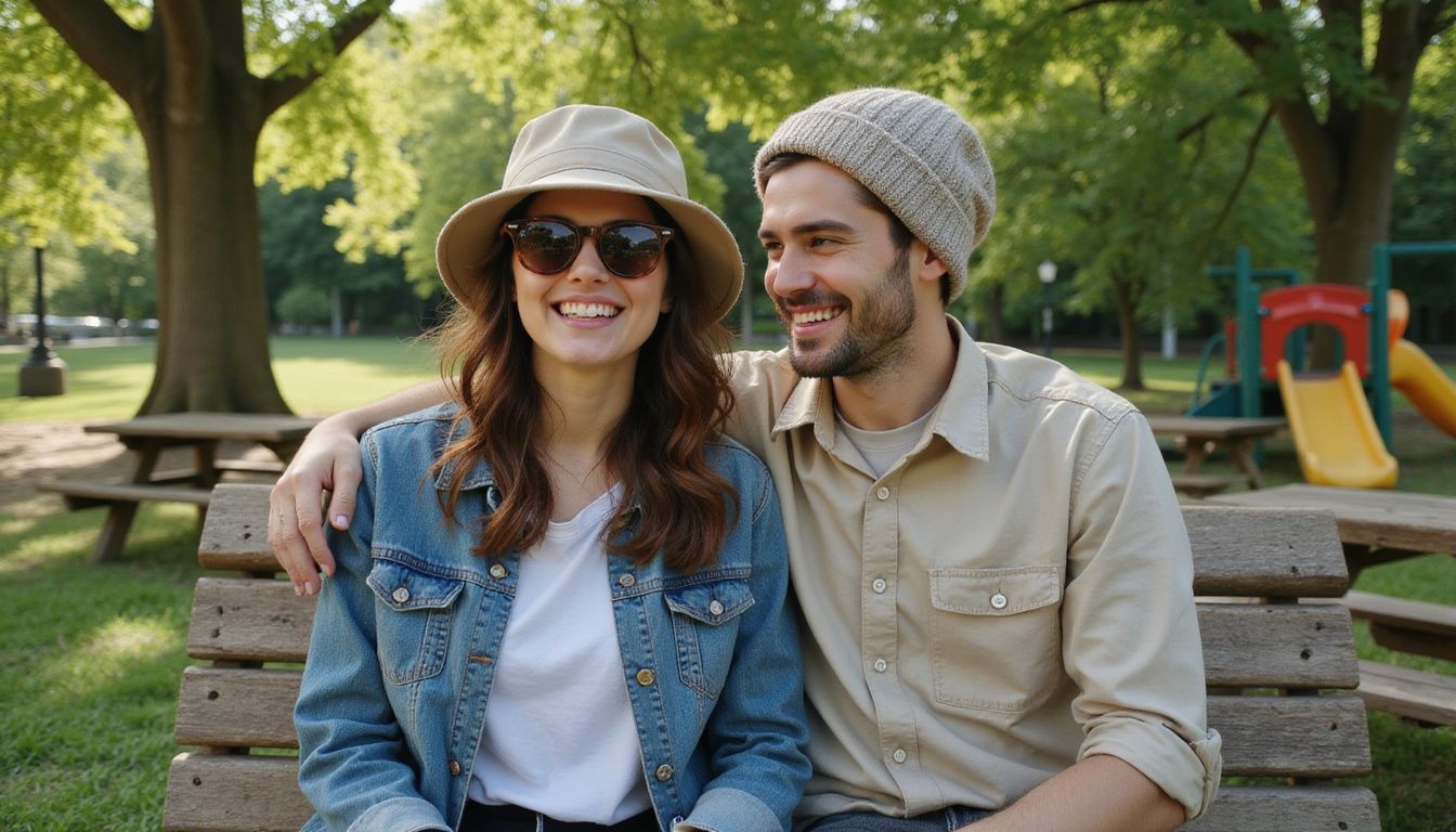 Two young adults share a lighthearted moment on a wooden bench in a vibrant urban park.