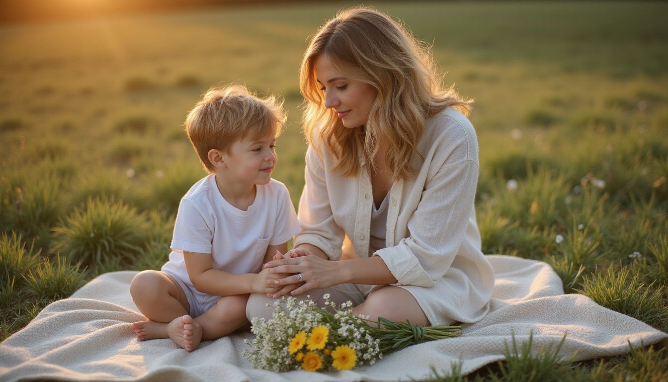 A mother and her young son sit closely on a blanket, enjoying a peaceful moment in a grassy field.