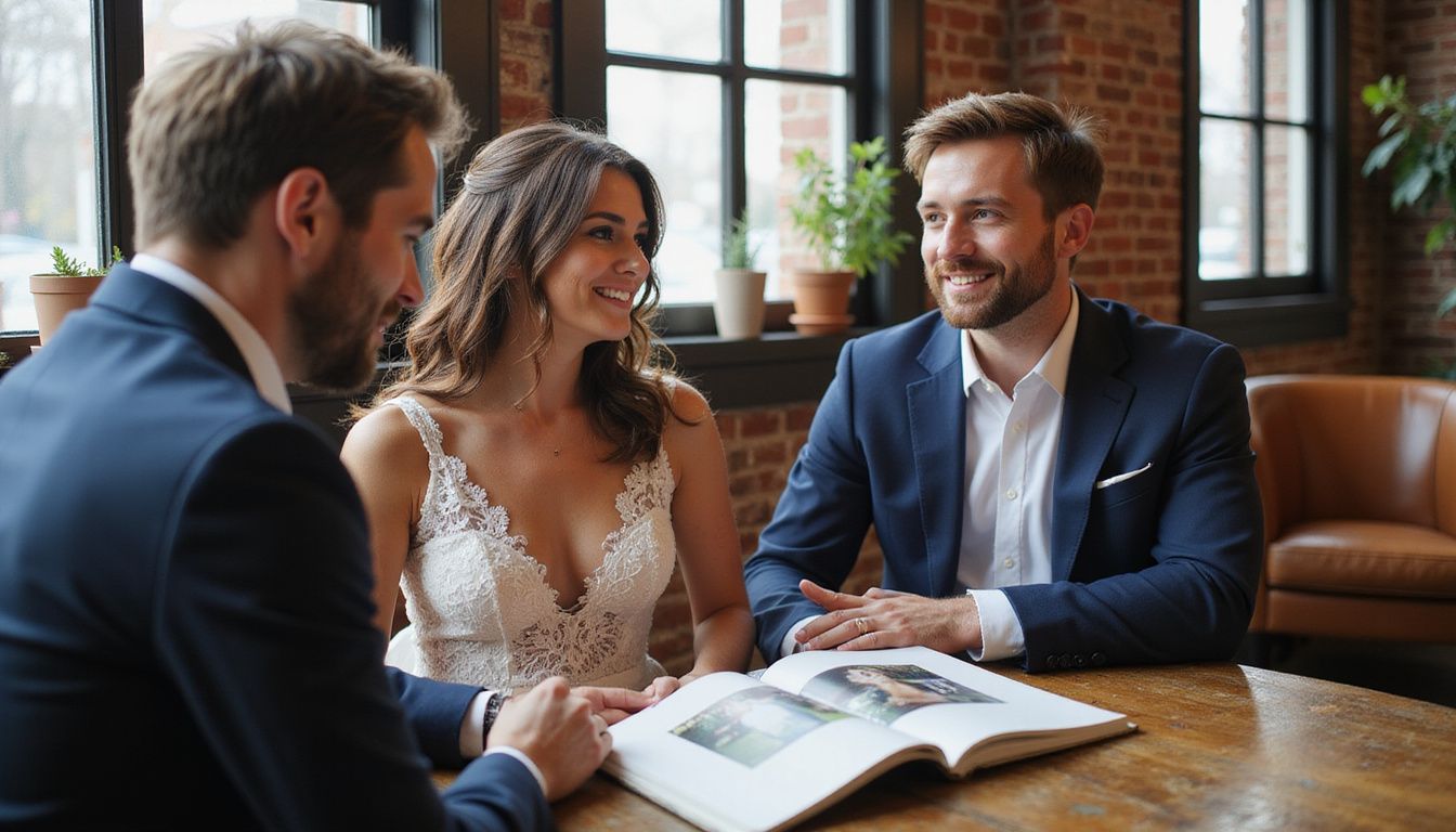 A bride and groom share an intimate moment in a cozy coffee shop while discussing wedding photos with their photographer.