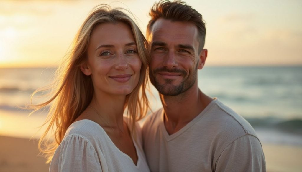 A couple shares a joyful moment on a sandy beach.