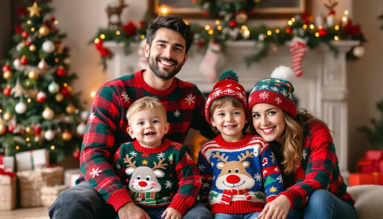 Family Christmas photoshoot outfits featuring various patterns and prints.